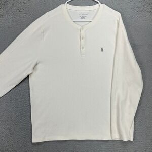 All Saints Mens Henley Sweater Large Cream Thermal Waffle Knit Organic Cotton